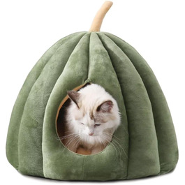 Кішка ліжко для дому, ліжко-печера для котів у стилі гарбуза, будиночок для тварин з знімним подушкою, м'яке напівзакрите ліжко у формі гарбуза для котів середніх розмірів, зелене