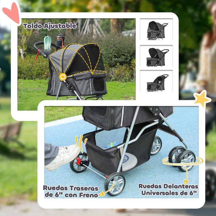 PawHut Складаний візок для собак, візок для домашніх тварин, маленький візок для собак з регульованим дахом, кошик для зберігання, сітчасті вікна, тримачі для чашок та колеса, 75x45x97 см, темно-синій, темно-сірий