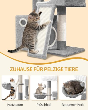 Кігтеточка для котів Hzuaneri, 98 см, з платформою, іграшками та кігтедраперами, сіра