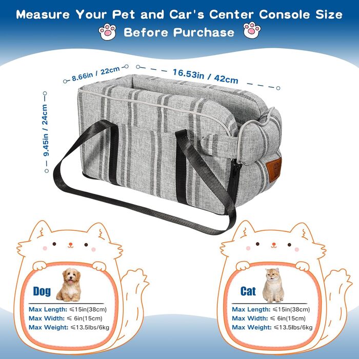 Автокрісло для собак до 5.4 кг | Універсальна консоль для авто | Знімне, миється | Безпечне автокрісло для тварин (Смугастий сірий, Один розмір)