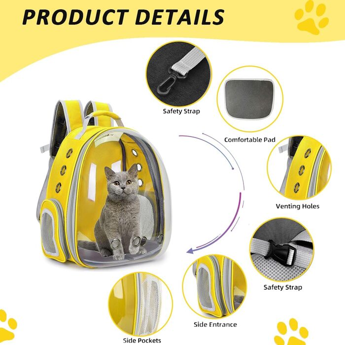 Розширюваний рюкзак для котів та собак, переноска-рюкзак з прозорим вікном та блискавкою, для подорожей та піших прогулянок (Жовтий)