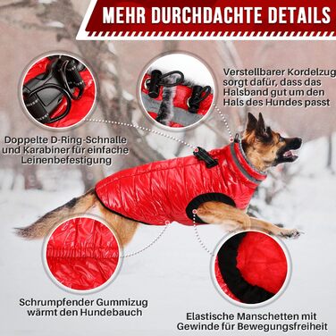 Водонепроникний собачий плащ з шлейкою, флісова комір-стійка, тепла зимова куртка для собак з подвійним блискавкою, куртка для собак з відбиваючими елементами, червоний, розмір S