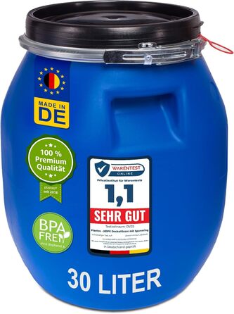 Пластикове відро Plasteo® 30 літрів з кришкою на затискач | Харчовий пластик | Контейнер для корму | Герметичне закриття | Складається в стос та підходить для палет | Міцні ручки | Синій