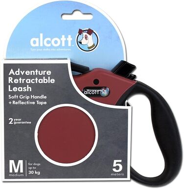 Рулетка для собак Alcott Abenteuer, 5 м, з відбивачем, м'яка сіра ручка, M, червона, до 30 кг