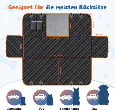 Водонепроникний килимок для собак у машину Heatail для заднього сидіння з боковими захисниками та сіткою, 135 x 148 см, чорний/помаранчевий