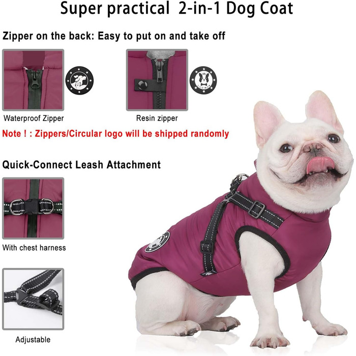 Водонепроникний теплий жилет для собак Французького бульдога, жилет для собак з кріпленням для шлейки, різні розміри, фіолетовий, розмір 10 (обхват грудей 31-36 см)