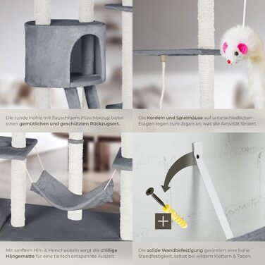 Драбина-кіготь Tectake Snooky | Ігровий центр для котів з багатоярусною драбиною та будиночком | Сірий колір, артикул 403917