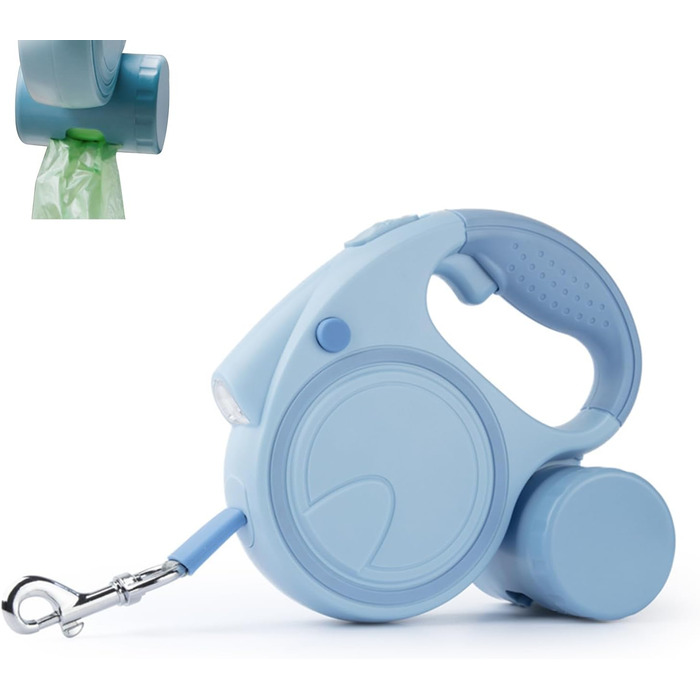 Висувна поводок для собак з LED, зручний руків'я, тримач для відходів, для собак до 25 кг, блакитний