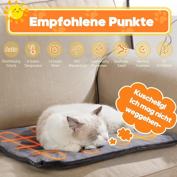 Електричний килимок для тварин 45x70 см - нагрівальний килимок для собак та котів з 9 температурними режимами (35–55℃) та таймером, бісостійкий кабель 1.8 м, 2 знімні чохли