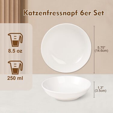 Набори мисок для котів з кераміки Katzennapf Set - 6 шт. Миски для корму для котів у мінімалістичному стилі, широкі, плоскі, зручні для вусів, мікрохвильові та придатні для миття в посудомийній машині, 250 мл, білі