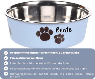 Персоналізований миска для собак з нержавіючої сталі 2200 мл – антиковзний кільце – для великих собак – з іменем – Petslino (Світло-блакитний, L)