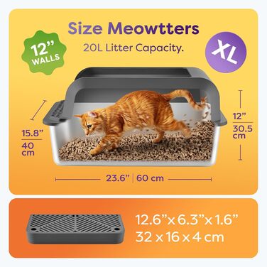OHM Pets XL Лоток для котів з нержавіючої сталі 20 л – антипригарний, велика котяча туалетна коробка, металевий лоток із високими бортами, лопатка та піддон у комплекті, не іржавіє, не протікає