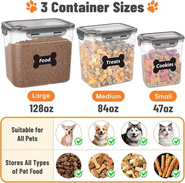 Набір контейнерів для корму для собак ZooZoo 3шт з герметичними кришками, BPA-free, для сухого корму, великі, середні, малі, з лопатками, етикетками, пінцетом та маркером