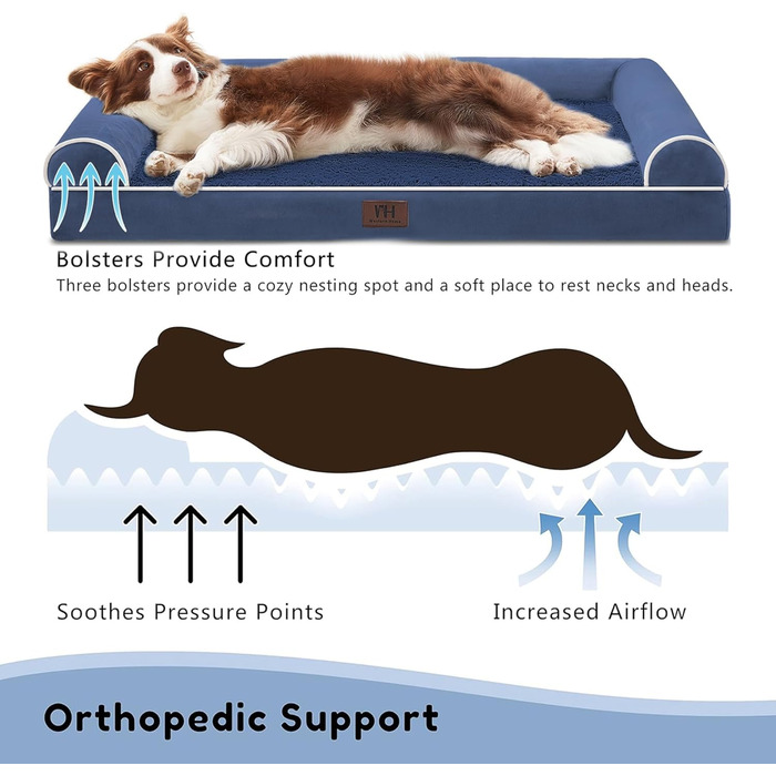 Ортопедичне ліжко для собак Western Home великих та середніх порід, велике, миється, з бортиком, 71x58x16 см, Navy Blue