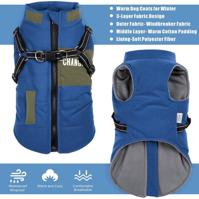 Зимова куртка для собак, вантажний дизайн, світловідбиваюча, водонепроникна жилетка для цуценят та собак середніх розмірів (M, Темно-синій)