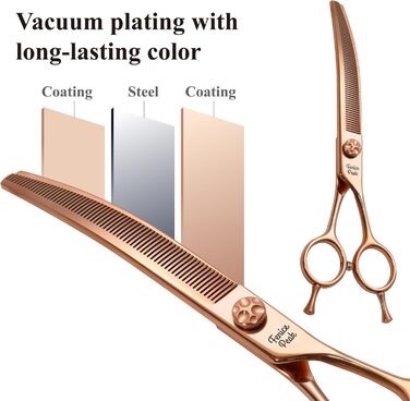 Професійна ножиця для грумінгу собак Fenice Peak, вигнута, 17.8 см, з надгострими лезами з 440C сталі, довговічна, плавне різання для собак та котів (рожеве золото)