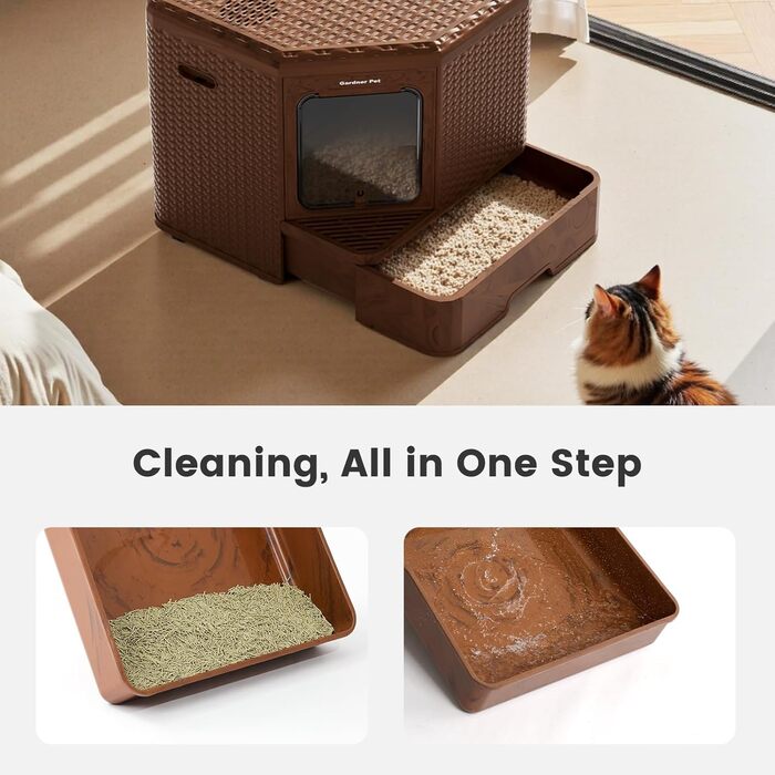 Торгова лоток для котів Gardner Pet з кришкою, великий, з висувним піддоном, сучасний дизайн плетіння ротангу, з фільтром з активованого вугілля, 50 x 50 x 50 см, базова версія
