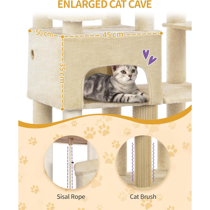 Кігтеточка Hzuaneri XXL 200 см з 10 стовпчиками, 2 печерами, 2 гамаками, великою платформою, щітками для котів, кошиком. Підходить для Maine Coon та великих котів (Бежевий)