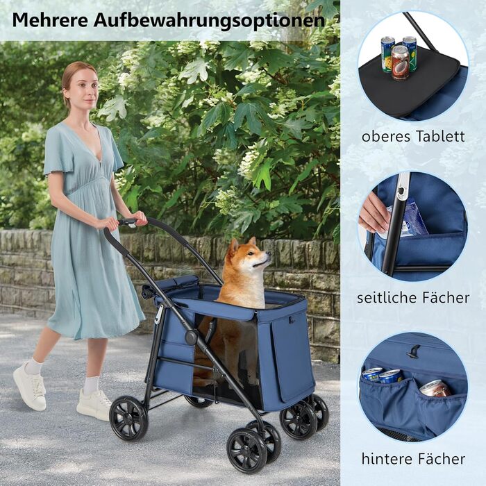 Візок для собак та котів GYMAX, складаний, до 40 кг, з кишенями та сітковими вікнами, універсальні колеса та ручка, блакитний