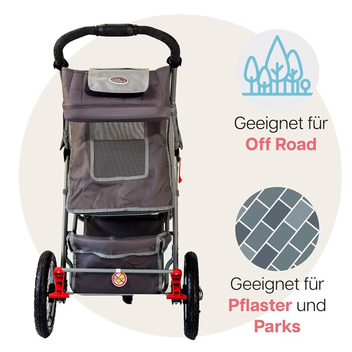 Візок для собак Innopet Comfort Air Eco чорного/срібного кольору – візок для собак/кішок з 30см повітряними колесами, складається однією рукою, підходить для лісових стежок – світловідбиваючі смуги, органайзер, перероблений нейлоновий матеріал (сірий)