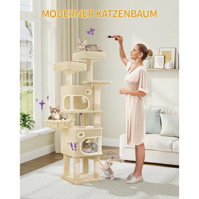 Драбина-кіготь для котів Hzuaneri, 159 см, з 8 стовпчиками, 3 платформами, 2 хованками, кошиком, плюшевими кульками та мотузкою з сизалю. Підходить для котів різних розмірів. MS15918LG (Бежевий)