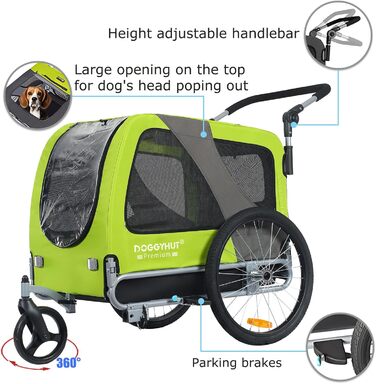 DOGGYHUT® Преміум великий велосипедний причіп для собак 2 в 1, буксир для собак, біговий причіп для собак, великий об'єм 270 літрів, для середніх та великих собак до 35 кг, зелений / чорний