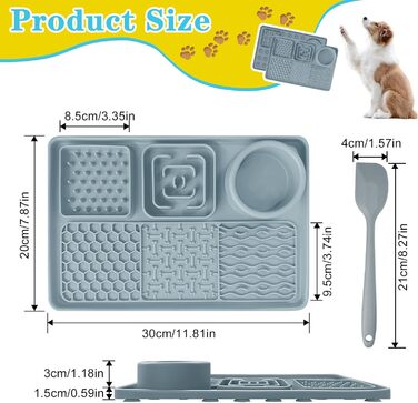 Силіконова килимок-заспокійвач для собак та котів Cooltto з мискою з нержавіючої сталі, з присосками, для грумінгу, миття та тренувань (Сірий, Модель A- 6 в 1 з 59 присосками)