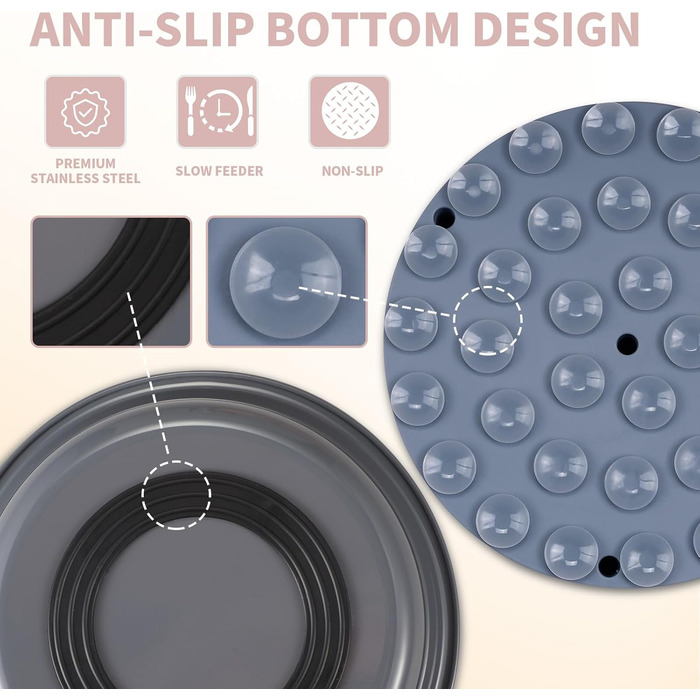 Миска для собак 2-в-1 Slow Feeder з нержавіючої сталі Bestalk, миска для їжі та води з антиковзним дном, 304 сталь, сірий колір, об'єм 1.5 чашки