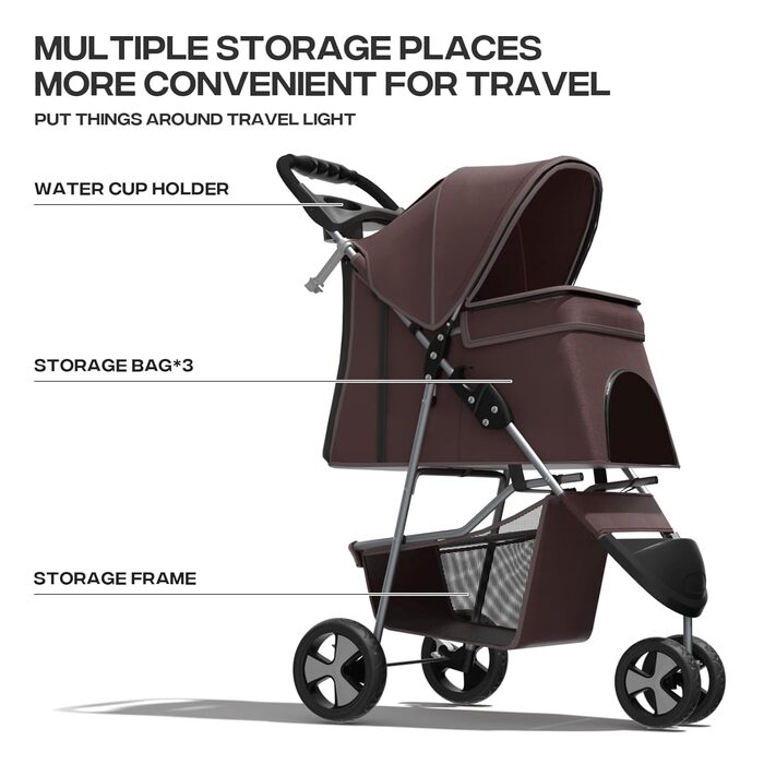 Візок для тварин: для собак та котів, 3 колеса, складна конструкція, з кошиком та тримачем для напоїв