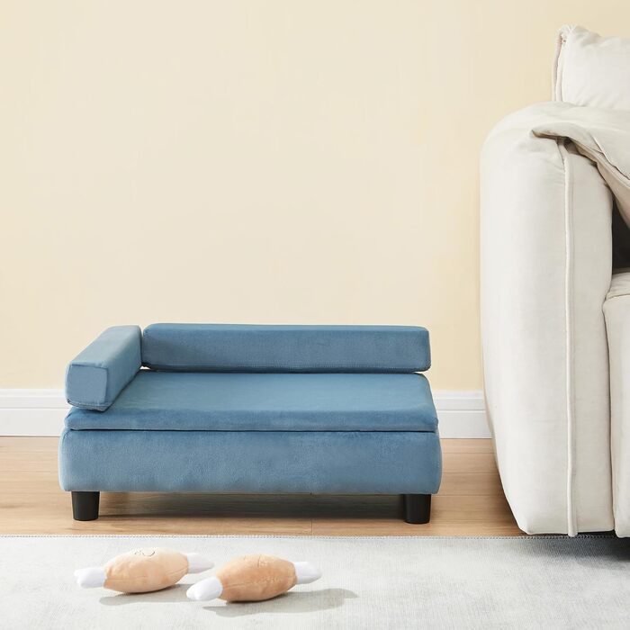 Ліжко для собак та котів en.casa Salkonssad з ящиком для зберігання, 60 x 45 x 24 см, блакитний велюр