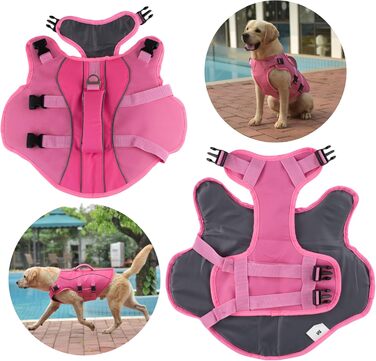 Жилет для плавання собак великий, безпечний жилет для собак, для плавання та катання на човнах, світловідбиваючий жилет для цуценят з надзвичайною плавучістю та ручкою для рятування, регульований, рожевий