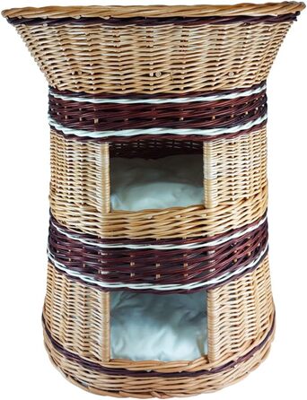 Плетене котяче ліжко з лози, 3-ярусне, з подушкою бежевого кольору