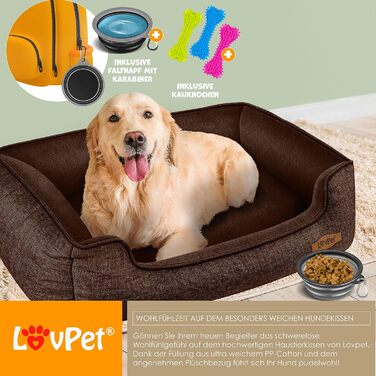 Ліжко-матрац Lovpet для собак XL 110x75x27 см, коричневе, із мискою та 3 кісточками, м'який знімний і праний чохол, для малих, середніх і великих порід
