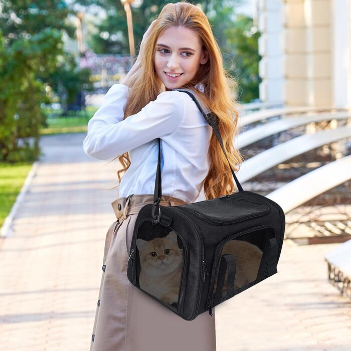 Транспортна сумка для кота/собаки PETCUTE, чорна, L, з підкладкою та плечовим ременем