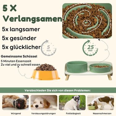 Набір мисок для собак з кераміки, піднятий на платформі - миски для повільного годування, набір з двох мисок для маленьких та середніх собак, годівниця та миска для води з неслизьким підставкою, середньо-зелений колір