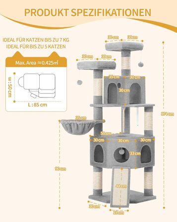 Кігтеточка для котів Hzuaneri, 174 см, XL, 2 платформи, 2 печери, 4 стовпчики, дошка для шліфування кігтів, мотузка з сизалю, плюшеві кульки, сірий колір, для кількох котів MS17418LG