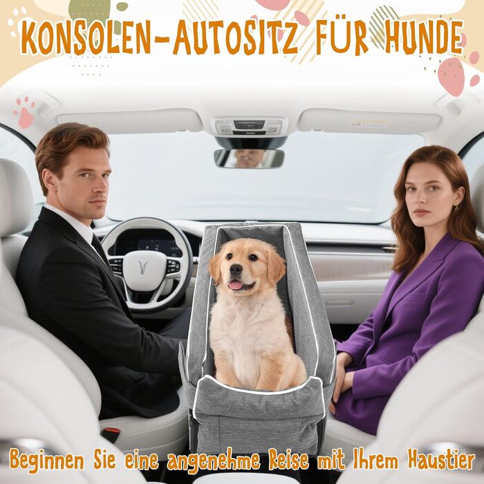 Автокрісло для маленьких собак: м'яка лежанка з підстаканником, сіра, 42x20x22 см