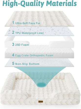 Ортопедичне ліжко для собак з штучного хутра, великі породи, диван з високопідтримуючим пінополіуретаном та водонепроникним чохлом, неслизьке, м'яке, тепле, пране, C-подібне, розмір XL (бежевий)