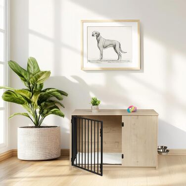 Клітка для собак Relaxdays, для дому, HBT: 65,5x102x60 см, 2 обертові миски, собача будка з виглядом дерева, МДФ & сталь, (білий/коричневий)