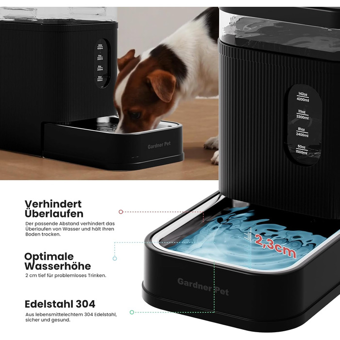 Автоматичний диспенсер води для собак та котів Gardner Pet 6.5L, годівниця, не потребує електрики, з нержавіючою чашею, велика ємність, BPA-free, безшумна, чорний