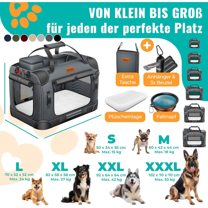 Транспортна переноска для собак та котів S 50x34x36 см | Складана переноска для тварин з мискою та плечовим ременем | для котів та собак, колір антрацит