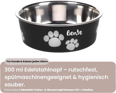 Персоналізований миска для собак з нержавіючої сталі 2200 мл – протиковзкий кільце – для великих собак – з іменем – Petslino (Чорний, XS)
