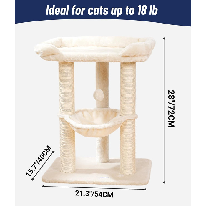 Драбина-кіготь для котів Happi N Pets 71 см, бежева: стабільна, з великим ліжком та гамаком, покриття з сизалю