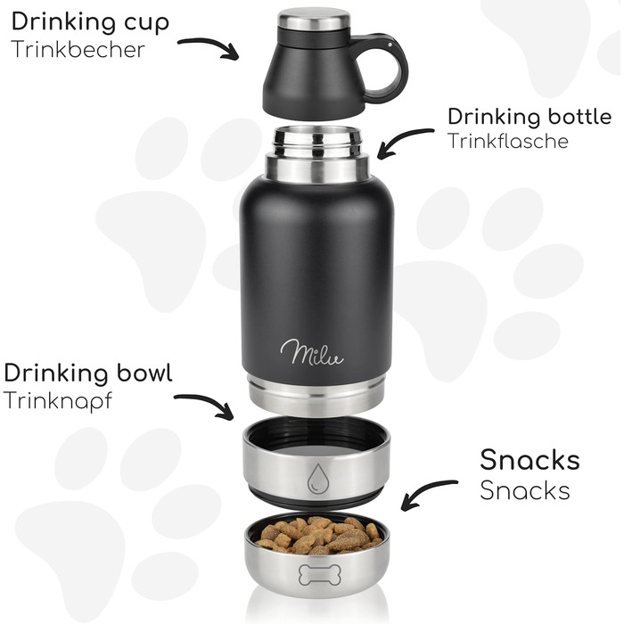 Водяна пляшка для собак Milu 950 мл з мискою для корму - ізольована сталева пляшка для собак, чорна
