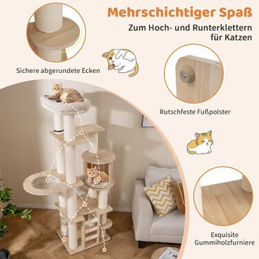 Дерев'яний кігтечка для котів COSTWAY 6-ярусний, 185 см: кігтеточка, будиночок, сходинки, платформа