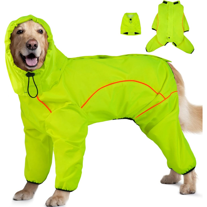 Водонепроникний дощовик для собак Adnikia з капюшоном, регульованими ніжками, отвором для повідка та світловідбиваючими смугами, для холодної погоди, оранжевий/червоний, розмір L