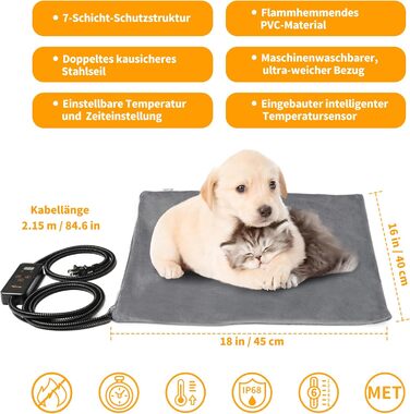 Електричний килимок для котів та собак Toozey, 45x40 см, регулювання часу та температури, безпечний, теплий, сірий