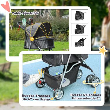 PawHut Складаний візок для собак, візок для домашніх тварин, маленький візок для собак з регульованим дахом, кошик для зберігання, сітчасті вікна, тримачі для чашок та колеса, 75x45x97 см, темно-синій, темно-сірий