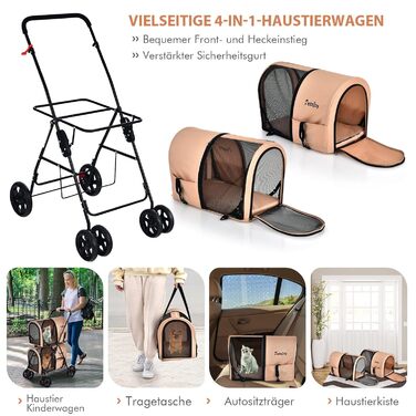 Hundewagen FANTASK 2-ярусний з сітковими вікнами та тримачем для напоїв, до 16 кг, для собак та котів, бежевий