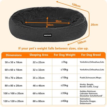 Кругле ліжко для собак великих порід, котяче ліжко, зручне, миється, кошик для собак, донат, ліжко для собак, знімний, антиковзкий килимок, Ø 100 см, темно-сірий, 100 x 100 x 20 см